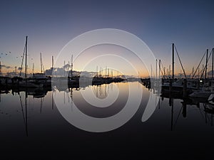 Sunrise over Dinner Key Marina, Miami.