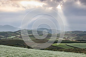 Sunrise over DongChuan red land, one of the landmarks in Yunnan Province, China