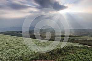 Sunrise over DongChuan red land, one of the landmarks in Yunnan Province, China