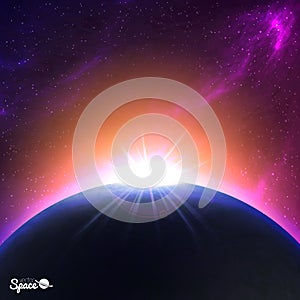 Sunrise over Earth-like planet. Colorful Space background. Vector illustration for your artwork.