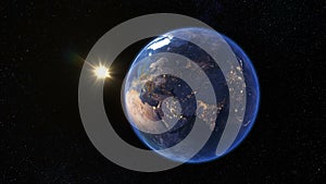 Sunrise over the earth planet rotation 360 degrees seen from space. Earth with the Sun. Looped animation. 4K 3D