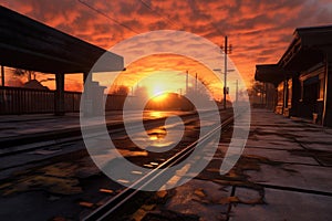 sunrise over empty train station platform