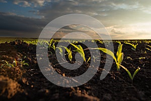 Sunrise over a field of young corn