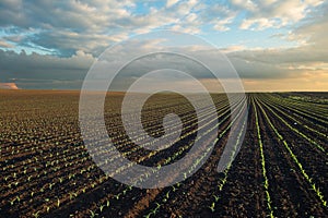 Sunrise over a field of young corn