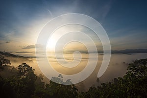 Sunrise over fog forest at Thailand