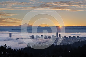 Sunrise over Foggy Portland Cityscape with Mt Hood
