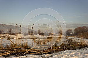 Sunrise over a frozen lake