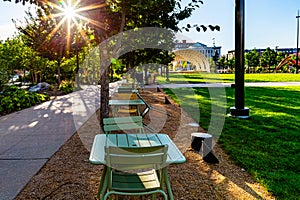 Sunrise over Gene Leahy Mall at The Riverfront in downtown Omaha Nebraska USA