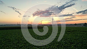 Sunrise over Green Field with Wind Turbines