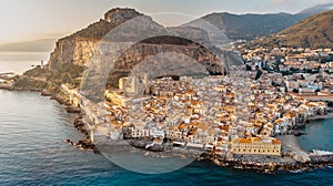 Sunrise over harbor in Cefalu, Sicily, Italy, panoramic aerial view of old town with colorful waterfront houses, sea and La Rocca