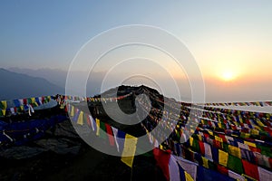 Sunrise over the Himalayan peaks as seen from the top of Ama Yangri at 3,771m above sea level, Sindhupalchok district, Nepal