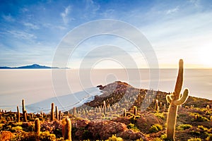 Sunrise over island incahuasi by salt lake Uyuni in Bolivia