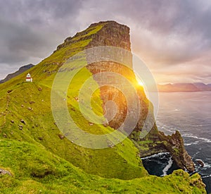 Sunrise Over Kalsoy Island and Kallur lighthouse, Faroe Islands