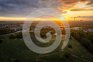 Sunrise over Krakus Mound in Krakow, Poland