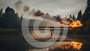 sunrise over lake A burning train on fire, exploding, that crosses a exploding bridge being blown up, over a river