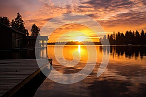 sunrise over lake with dock and cottage silhouette