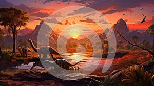 Sunrise over land with dinosaurs