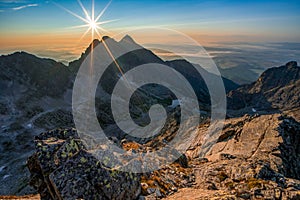 Sunrise over Lomnicky and Pysny stit peaks at High Tatras