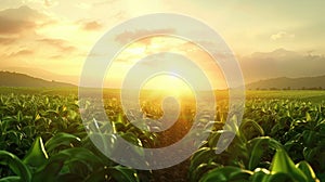Sunrise Over Lush Green Cornfield Landscape
