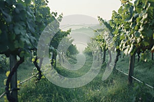 Sunrise over the lush vineyard in the serene countryside