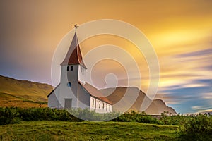 Sunrise over the lutheran church in Vik, Iceland