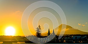 Sunrise over Madalena and Pico volcano and island, Azores, Portugal