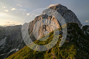 Sunrise over Mangart peak, Julian Alps, Mangart Pass, Slovenia, Triglav national park, Europe