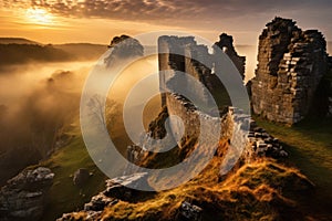 Sunrise over medieval castle ruins among misty hills