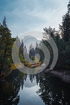 Sunrise over Merced River with Half Dome at Yosemite National Park