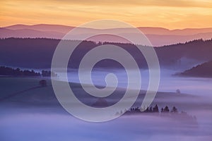 Sunrise Over Misty Landscape. Scenic View Of Foggy Morning Sky With Rising Sun Above Misty Forest. Middle Summer Nature Of Europe.