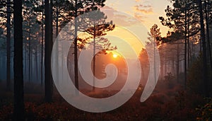 Sunrise over a misty pine forest
