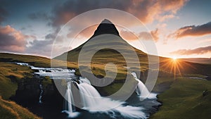 sunrise over the mountains Beautiful landscape with sunrise on Kirkjufellsfoss waterfall and Kirkjufell mountain, Iceland,