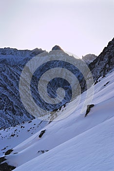 Sunrise over mountains in winter