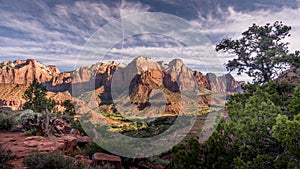 Sunrise over Mt. Kinesava and The West Temple in Zion National Park in Utah, USA