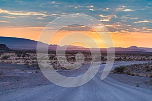 Sunrise over the Namib desert, roadtrip in the wonderful Namib Naukluft National Park, travel destination in Namibia, Africa. Morn