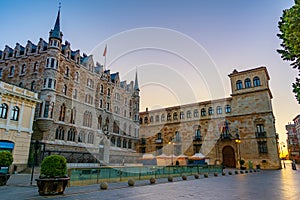 Sunrise over Palacio De Los Guzmanes in Spanish town Leon photo