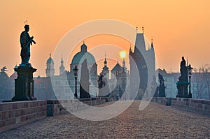 Sunrise over Prague, look from Charles Bridge