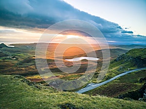 Sunrise over the Quiraing on the Isle of Skye in Scotland.