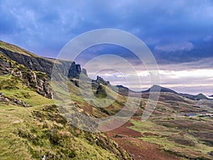 Sunrise over the Quiraing on the Isle of Skye in Scotland.