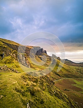 Sunrise over the Quiraing on the Isle of Skye in Scotland.