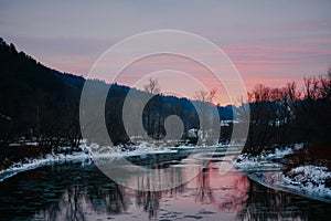 Sunrise over a river in Vermont
