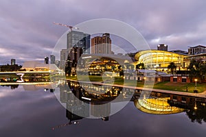 Sunrise over the riverbank precinct reflecting in the River Torrens in Adelaide South Australia on August 6th 2023