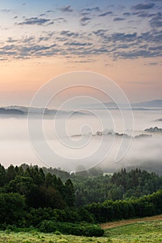 Sunrise Over Rolling Hills in Countryside in Poland