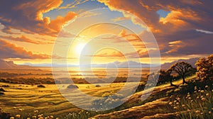 Sunrise over rolling plains watercolor illustration - Generative AI. Sunrise, plain, cloud, sky, mountain.