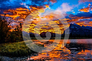 Sunrise over Rundle Mountain from Vermillion Lakes