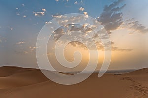 Sunrise over sand dunes in Erg Chebbi, Sahara desert, Morocco
