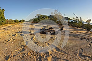 Sunrise Over A Sandy Beach With Driftwood, Fish Eye View