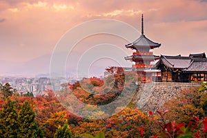 Sunrise over Sanjunoto pagoda and Kiyomizu-dera Temple in the autumn season, Kyoto