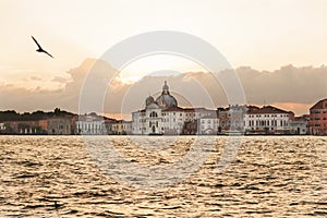 Sunrise over Santissimo Redentore Church near Venice, Italy photo