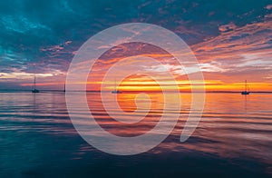 Sunrise over the sea and beautiful cloudscape. Colorful ocean beach sunset.